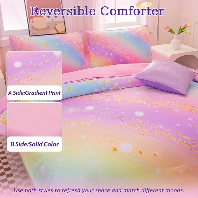 Rainbow Bedding Set Twin Size – 6-Piece Reversible Girls Comforter with Deep-Pocket Sheet, Gradient Galaxy Design, Whole-Piece Filling, Machine Washable Bed-in-a-Bag for Kids Room Makeover & Gifts