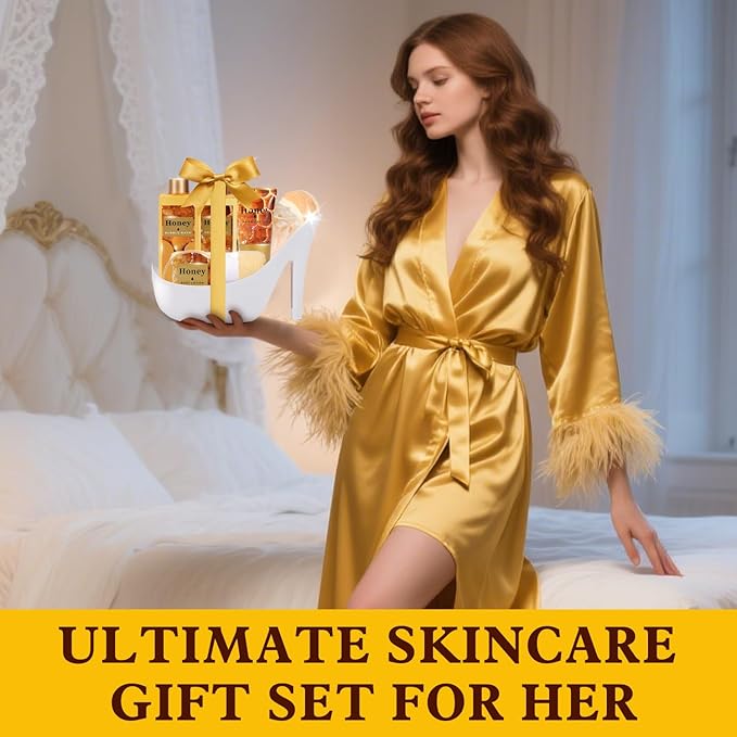 Christmas Gifts for Women, Honey Spa Gift Basket for Women, Bath Set with Golden Bath Bombs & Skin-Repairing Butter, Anniversary Gifts for Her, Wife, Girlfriend