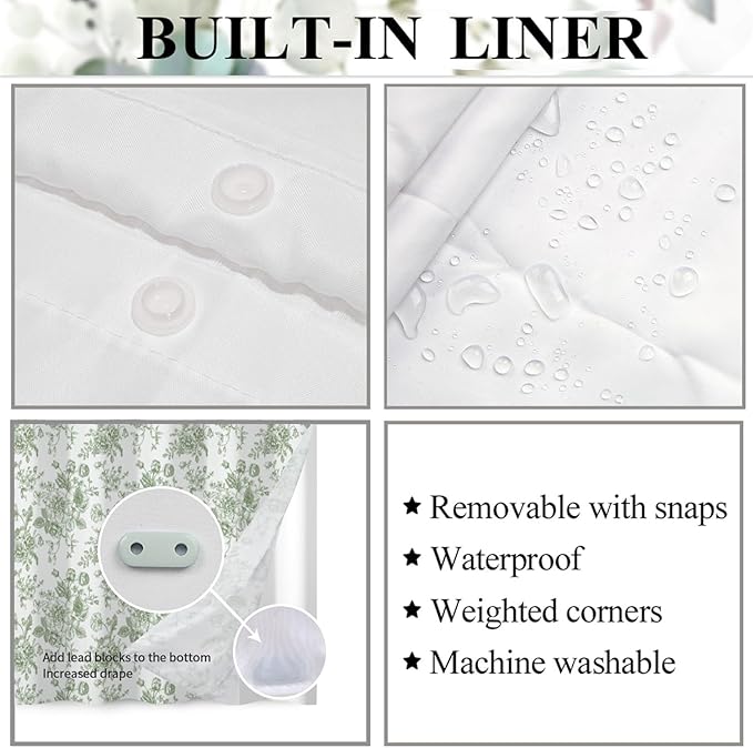 Floral Shower Curtain No Hooks with Snap in Fabric Liner Set,Spring Farmhouse Shower Curtain Hotel Bathroom Decor,with See Through Top Window,Green Flowers Fabric Waterproof,71x74 Inch