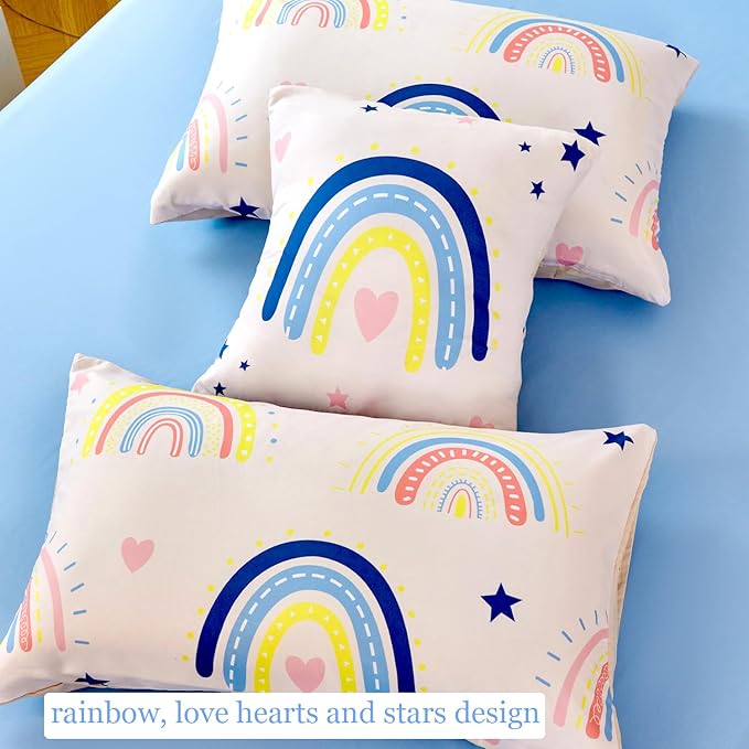 ANGIYUIN 6 Pieces Beige Rainbow Girls Comforter Set Twin Cartoon Rainbow Love Hearts and Stars Bedding Set for Girls Cute Soft Lightweight Kid Bed in A Bag with Rainbow Comforter, Sheets, Pillowcases