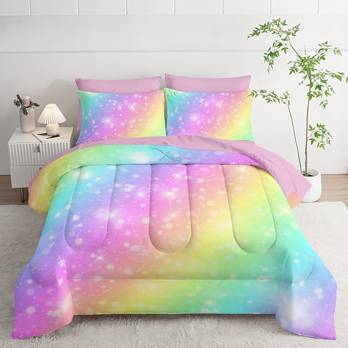 7 Piece Rainbow Comforter Set - Bed in a Bag, Pastel Galaxy Bedding Twin, Soft Microfiber, Kids/Teens/Girls, All Season