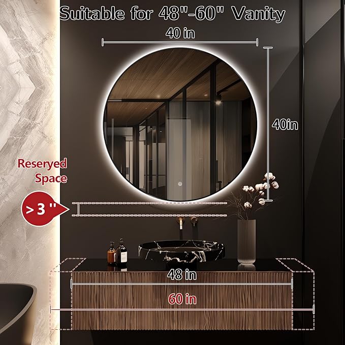 Niccy 40" LED Backlit Round Mirror for Bathroom, Black Framed Vanity Light Wall Mirrors LED Smart Circle Mirrors with 3 Lighting Colors, Lighted Round Mirror with Anti-Fog, IP65 Waterproof