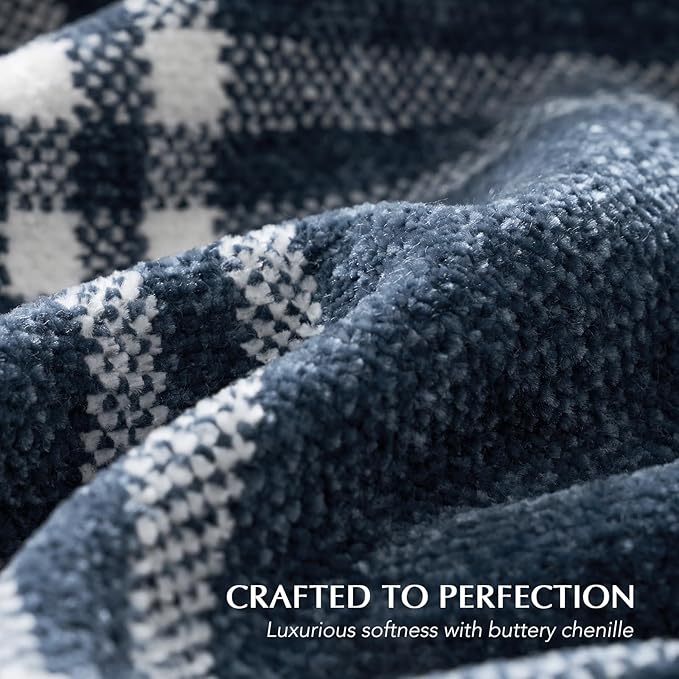 EVERGRACE Plaid Chenille Throw Blanket for Couch, Super Soft Cozy Decorative Windowpane Grid Plaid Throw with Tassels, Lightweight Chenille Knit Throw for Bed Sofa Gift, Navy & White 50”x60”