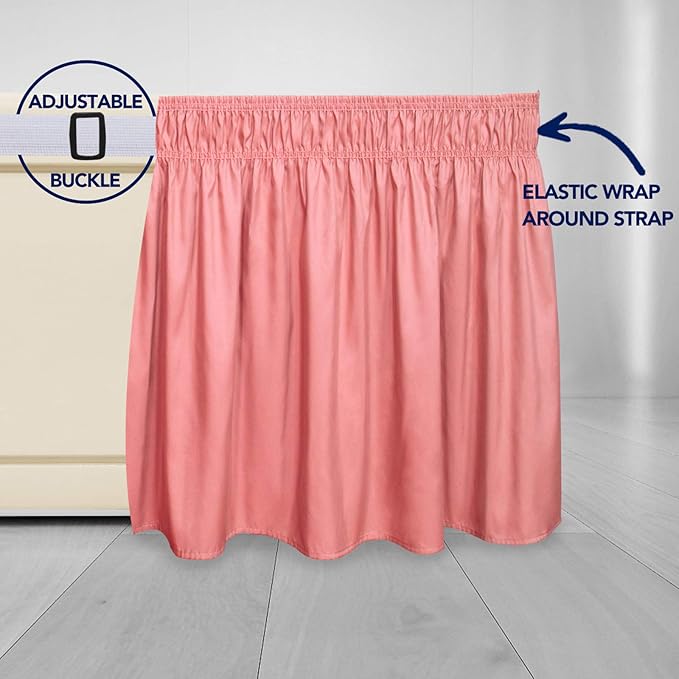 PureFit Wrap Around Ruffled Bed Skirt with Adjustable Elastic Belt - 22 Inch Drop Easy to Put On, Wrinkle Free Bedskirt Dust Ruffles, Bed Frame Cover for Twin,Twin XL and Full Size Beds, Pink