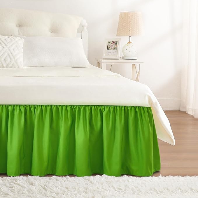 RIMELA Green Bed Skirt King Size 15 Inch Drop, Elastic Bed Skirting for Bed Base and Frame, Bedding Dust Ruffle Easy to Install, Lightweight Wrap Around Adjustable Bedskirt