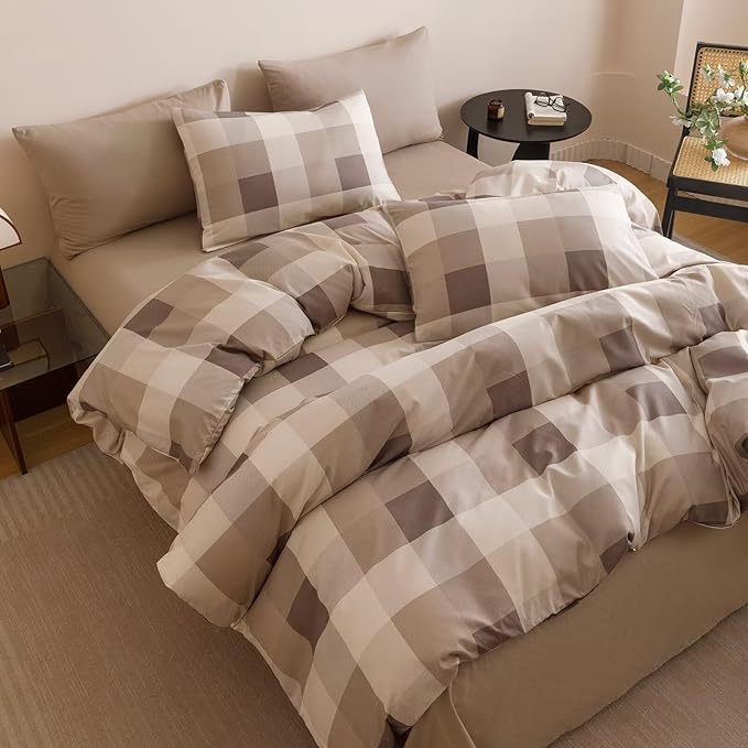 Cottonight Checkered Khaki Comforter Set Cal King Gingham Grid Bedding Set Khaki and Cream Coffee Grid Comforter Fluffy Soft Blanket Quilts Modern Cottagecore Comforter California King Bed