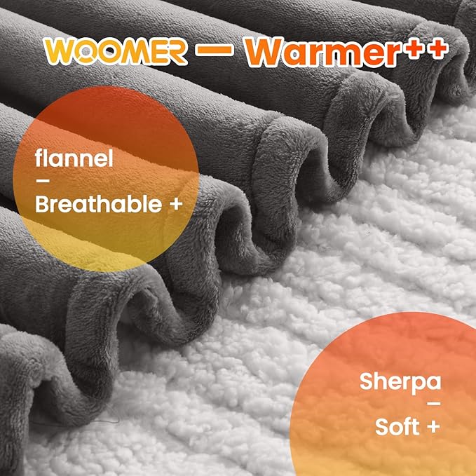 WOOMER Electric Blanket Full Size,Durable Flannel and Soft Sherpa,Dual Control,77”×84” Heated Throw Blanket, 10 Heat Levels&0.5-12h auto-Off,Energy Efficient,ETL Certified