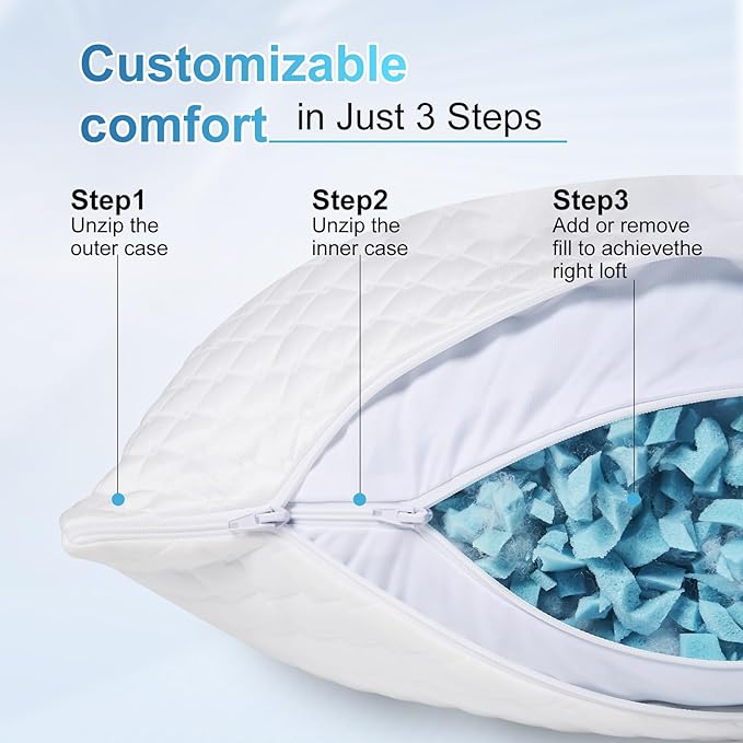 NTCOCO Cooling Bed Pillows for Sleeping Shredded Memory Foam Adjustable Gel for Side Stomach Back Sleepers Washable Removable Cover King Size Pack of 2