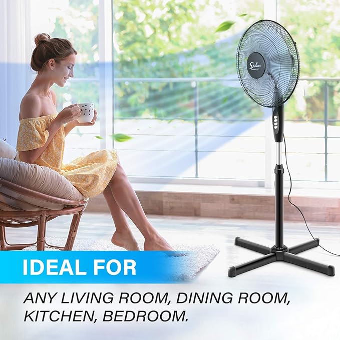 Simple Deluxe Oscillating 16'' 3 Adjustable Speed Pedestal Stand Fan for Indoor, Bedroom, Living Room, Home Office & College Dorm Use, 16 Inch, Black