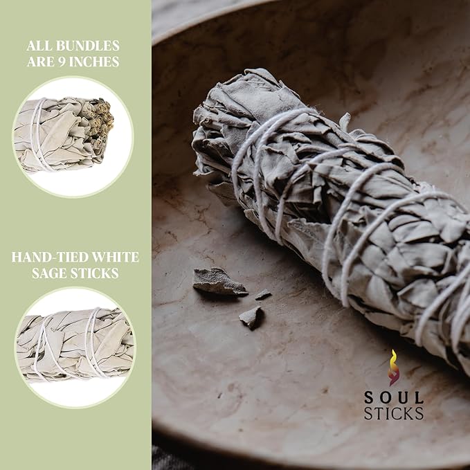 Soul Sticks 1 Pack 9 Inch White Sage Smudge Sticks with Starter Guide - Floral Home Sage for Cleansing House and Smudging Negative Energy
