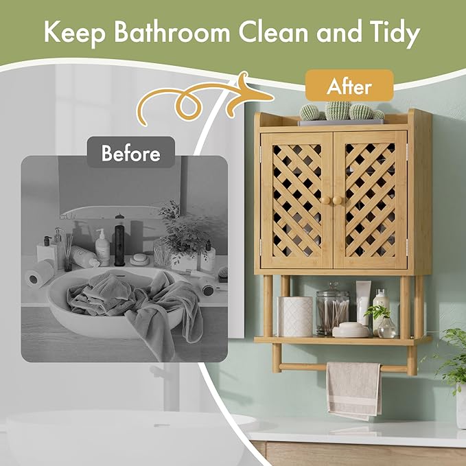 AmazerBath Bathroom Wall Cabinets, Bamboo Medicine Cabinet with Grille Door, Over The Toilet Storage Cabinet with Towel Bar, Wall Mounted Cabinet with Adjustable Shelves for Small Spaces