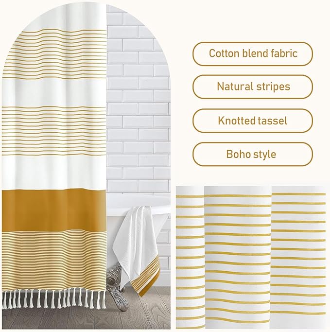 Awellife Gold Boho Shower Curtain for Bathroom Farmhouse Cotton Stripe Tassel Shower Curtain Natural Texture 72 X 72