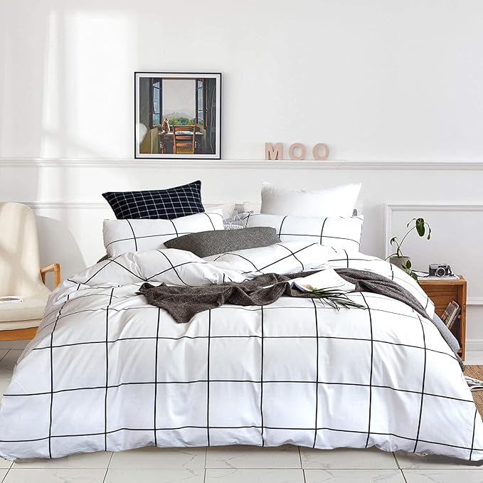 KAREVER White Grid Comforter Set Big Grid Bedding Set Full White Black Plaid Printed Stripes Women Checkered Comforters Bedding Set Girls White Grid Bed Blanket Set White Plaid Full Comforter
