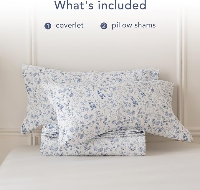 Lady Ann Cotton Quilt Sets King Size - Blue and White Floral & Leaves Pattern Botanical Printed Quilted Bedding, 3 Pcs Lightweight Soft Bedspread Sets King Coverlet for All Season