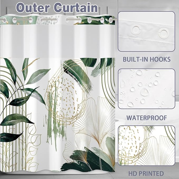 Boho Shower Curtain No Hooks with Snap in Fabric Liner Set,Modern Boho Shower Curtains Hotel Bathroom Decor,with See Through Top Window,Green Botanical Sage Fabric Waterproof Shower Curtain,71W x 74H