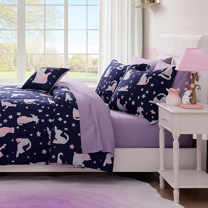 Twin Comforter Set for Girls-3 Pieces Cute Cat Twin Bedding Sets for Kids,1 Comforter,1 Sham and 1 Decor Pillow
