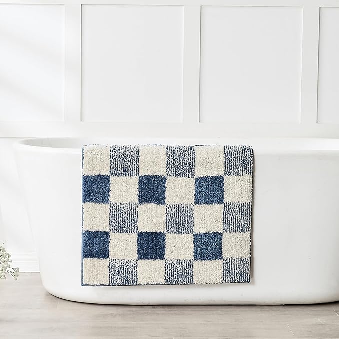 CozeCube Bath mats for Bathroom Non Slip, Fluffy Absorbent Microfiber Bath mat Washable, Aesthetic Bathroom Rugs, Small Navy Blue Checkered Bath mat, Navy Blue, 24" x 16"