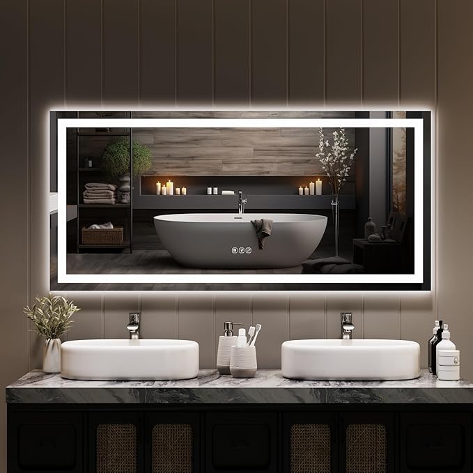GarveeHome 55x26 LED Bathroom Mirror with Lights, Dimmable, Anti-Fog, Backlit + Front Lit, Lighted Bathroom Vanity Mirror for Wall, Memory Function, Shatter-Proof (Horizontal/Vertical)
