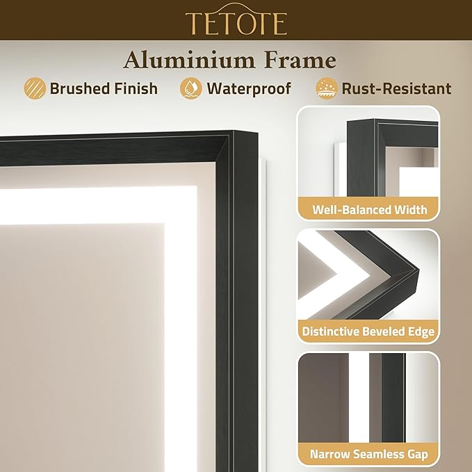 TETOTE 42 x 36 Led Mirror Brushed Black Metal Frame Frontlit & Backlit Vanity Mirror Anti-Fog Stepless Dimmable 3 Colors White/Warm/Natural Wall Mirror with Lights Wall-Mounted