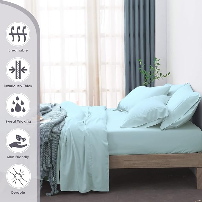 Pizuna Pure 100% Cotton Queen Size Sheets, 6pc Set with Deep Pocket, 800 TC Long Staple Crisp Sateen in Combed Baby Blue Cotton