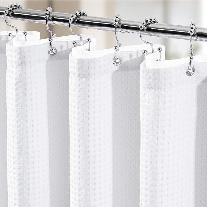 3 in 1 Shower Curtain Set, Waffle Shower Curtain and Liner Set with 12 Double Sided Shower Curtain Hooks, 258GSM Luxury Weighted Cloth Shower Curtains for Bathroom, 72 W x 72 H, White