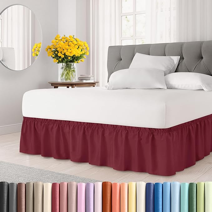 Wrap Around Dust Ruffle Bed Skirt - Burgundy - for Queen Size Beds with 24 Inch Drop - Elastic Strap - Adjustable Pleated Bedskirt with Brushed Fabric and Wrinkle Free - for Women, Men, Kids & Teens