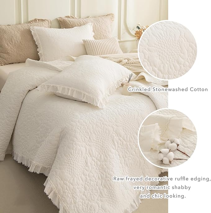 QSH 3PCs Milk White Oversized King Quilt Bedspread Set(120"x120"),Stonewashed Cotton Ruffled Quilt California King,Ultra Soft Lightweight Crinkled Shabby Bedspread Coverlet Bedding Set for All Seasons
