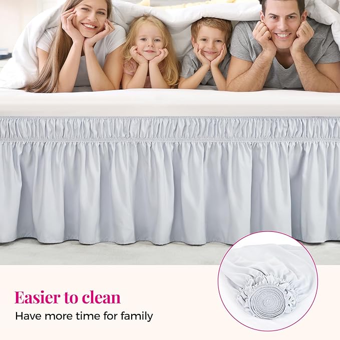 RIMELA Ice Grey Bed Skirt Queen Size 15 Inch Drop, Elastic Bed Skirting for Bed Base and Frame, Bedding Dust Ruffle Easy to Install, Lightweight Wrap Around Adjustable Bedskirt
