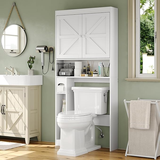 Furniouse Over The Toilet Storage Cabinet 32.3''W Wood Bathroom Storage Cabinet with Doors & Adjustable Shelves Free Standing Toilet Shelf, White