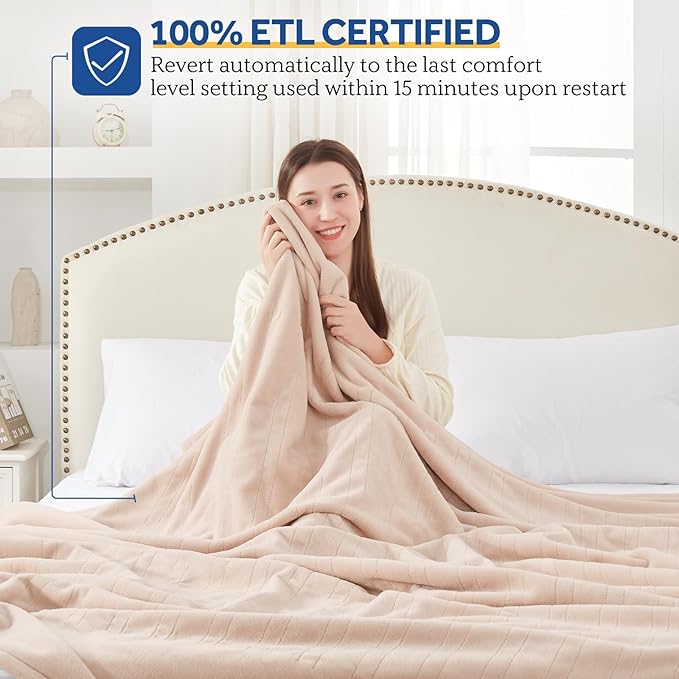 Sealy Electric Blanket King Size, Flannel Heated Blanket with10 Heating Levels & Auto Shut Off, Machine Washable, Beige, 100 x 90 Inch