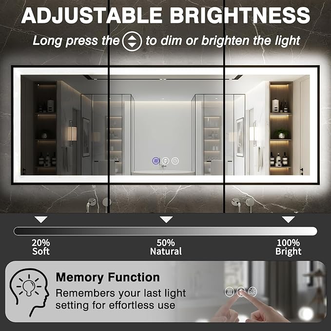 36x36 Square Lighted Bathroom Mirror, Wall-Mounted, Black Rim Mirror, Vanity(Front and Backlit), Stepless Dimmable CRI90+, Anti-Corrosion, Anti-Rust, Touch Sense, Memory(Horizontal/Vertical)