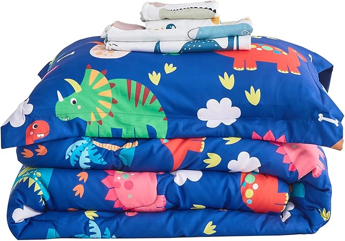 Wajade 7 Piece Kid Boys Dinosaur Comforter Set Queen Size 3D Blue Dinosaur Wild Park Jungle Print Bedding Set with Comforter, Sheet Set, Pillowcase and Sham