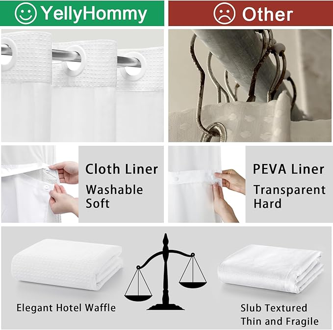YellyHommy No Hook Shower Curtain with Snap in Fabric Liner Set Less Time White Waffle Shower Curtain for Bathroom 75" L x 78" W