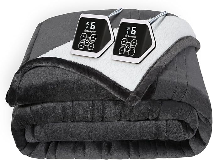Westinghouse Heated Blanket King Size, Soft Flannel to Sherpa Electric Blanket with 10 Heating Levels, 1-12 Hours Auto Shut Off, Fast Heating, Machine Washable, 100x90 Inch, Charcoal