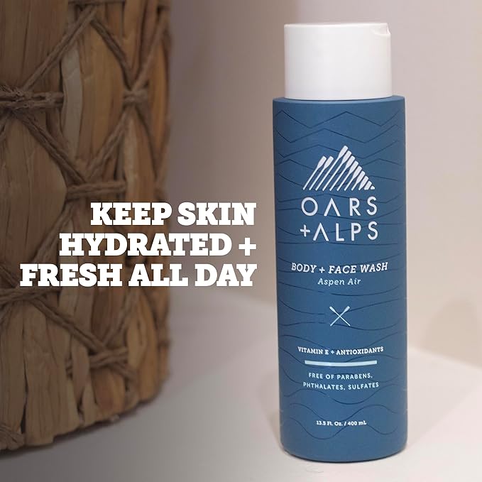 Oars + Alps Mens Moisturizing Body and Face Wash, Skin Care Infused with Vitamin E and Antioxidants, Sulfate Free, Aspen Air, 2 Pack