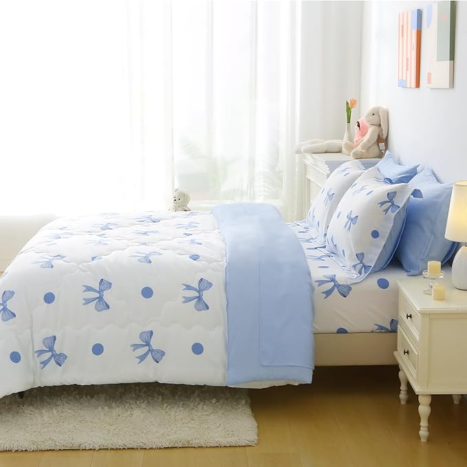 Wajade 7 Piece Blue Bow Comforter Set for Girls Kids Full Size Bedding Set with Sheet and 2 Pillowcases 2 Pillow Shams Cute Girls Bed in a Bag as Birthday Choice