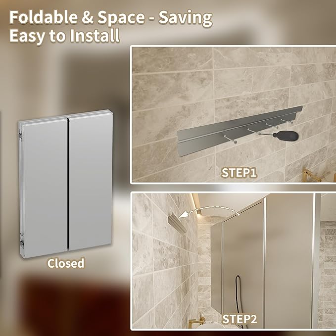 48x36 Trifold Bathroom Mirror with Lights with Removable Magnifier, 180° Foldable LED Mirror for Bathroom, Front&Backlit, Wall Mounted, Stepless Dimming, Color Temper Change, Anti Fog