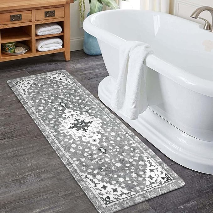 Uphome Boho Vintage Bathroom Rug Runner Gray Non-Slip Soft Long Bath Mat Machine Washable Oriental Bathroom Mats Traditional Tribal Floral Bath Rugs for Sink Shower Tub, 20x59 inch