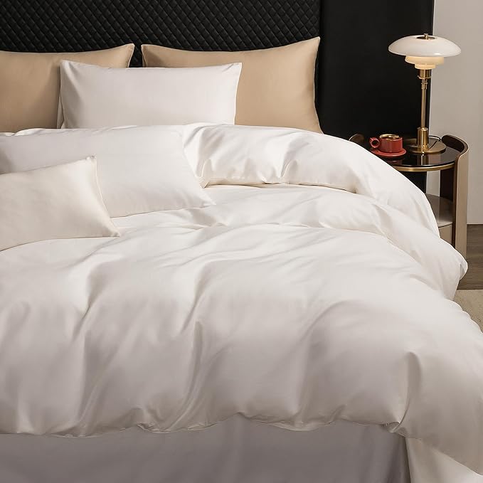 MooMee Duvet Cover Set 100% Extra Long Staple Cotton 600 Thread Count Silky Sateen Smooth Luxury Soft Breathable Durable Hotel Quality Bedding, 3 Pieces (Creamy White, Super King 108"x98")