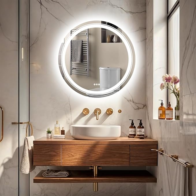 LUVODI Lighted LED Bathroom Mirror: 32” Circle Wall Mounted Large Lighted Makeup Mirror with Backlit and Front Light - Illuminated Dimmable 3 colors Vanity Mirrors with Demister Pad Smart Touch Switch
