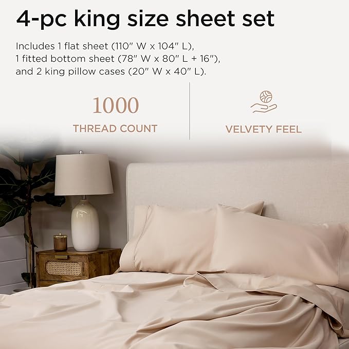 Threadmill Supima King Size Sheets, 1000 Thread Count, 4 Piece American Luxury Bed Sheets for King Mattress, 5 Star Hotel Quality Cotton Sheets with Elasticized Extra Deep Pocket, Beige