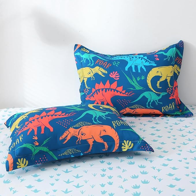 Wajade Boys Dinosaur Comforter Set Bed in A Bag Twin Size 7 Piece 3D Blue Dinosaur Print Bedding Set for Kids Teens(1 Comforter, 1 Flat Sheet, 1 Fitted Sheet, 2 Pillowcase and 2 Pillow Sham)