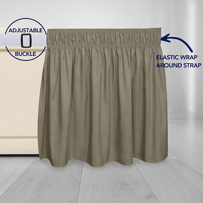 PureFit Wrap Around Ruffled Bed Skirt with Adjustable Elastic Belt - 14 Inch Drop Easy to Put On, Wrinkle Free Bedskirt Dust Ruffles, Bed Frame Cover for Queen, King and C-King Size Beds, Sand
