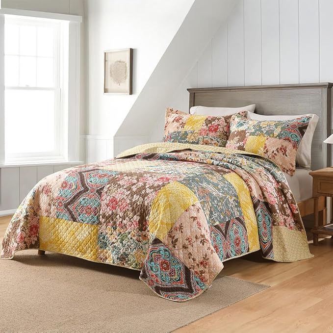 Autumn Dream Cotton Bedspread Quilt Sets Reversible Bedding Coverlet Sets, Luxury Vintage Floral Patchwork Yellow Bedspread, King Size