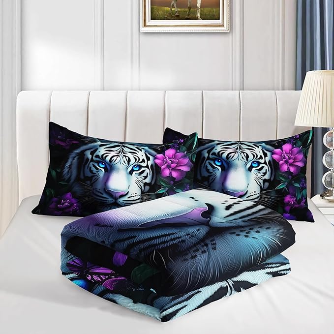 Wild Animal Themed Comforter Set Full Size,White Leopard Floral Print Bedding Sets for Kids Teens Room Decor,Gothic Bedding All Season with 2 Pillowcases.