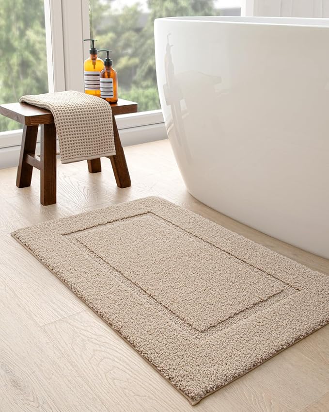 DEXI Bathroom Rugs 24x16, Washable Non Slip Bath Mat for Shower Floor, Absorbent Quick Dry Bathmat with Rubber Backing, Ultra Soft Plush Carpet for Tub, Beige