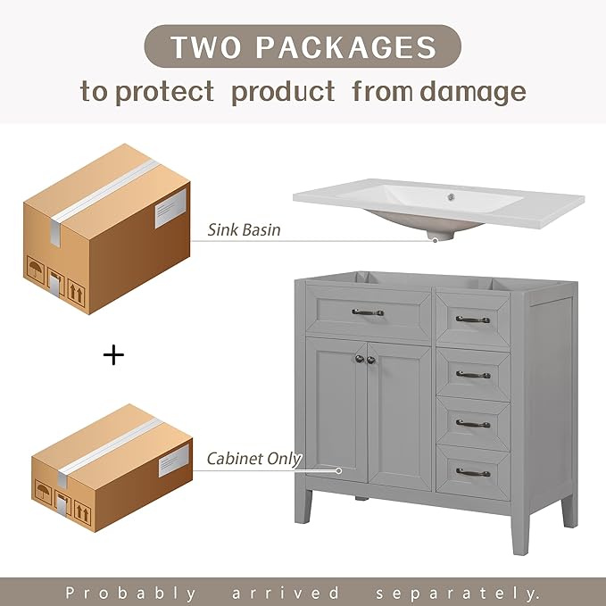 Favfurish 36" Bathroom Vanity with Sink Combo,Bathroom Vanity Cabinet with Two Soft-Closing Doors and Four Drawers,Free Stading Vanities w/Modern Design,for Bathroom,Easy Assembly,Grey