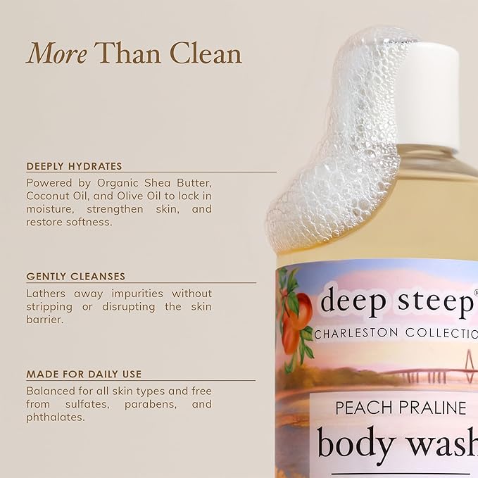 Deep Steep Body Wash, Peach Praline (The Old Village), 17 oz – Hydrating Shower Gel with Hyaluronic Acid, Shea Butter, Aloe Vera & Argan Oil – Vegan, Clean Beauty, Clean & Refreshed Skin