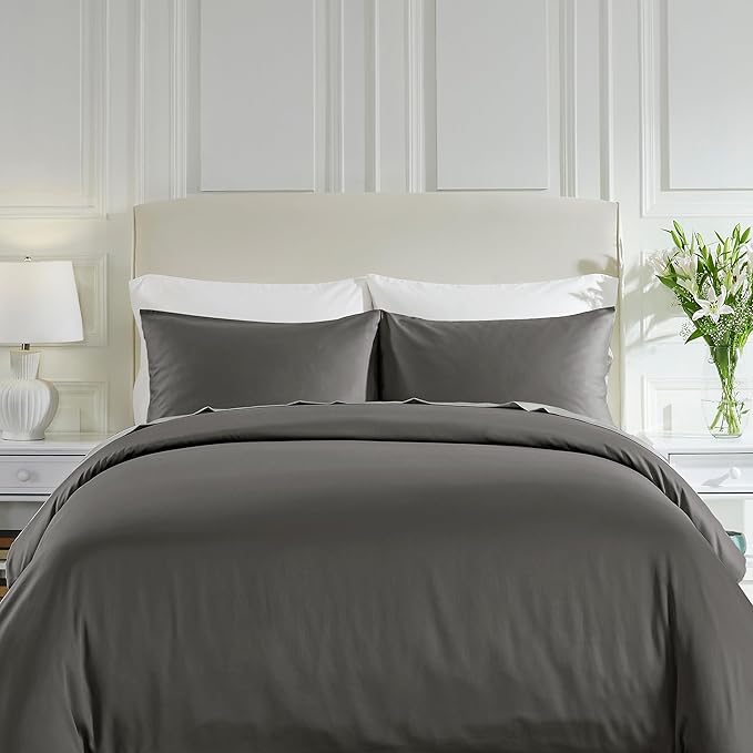 California Design Den 3 Pc Duvet Cover Set King - Winner Good Housekeeping Best Bedding Awards 2025, 400 Thread Count Sateen, 100% Cotton Duvet Covers, Button Closure, Corner Ties - Grey