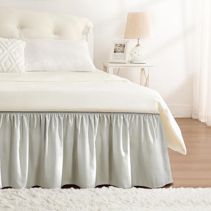 RIMELA Light Grey Bed Skirt King Size 18 Inch Drop, Wrap Around Elastic Bedskirt, Dust Ruffle for Adjustable Bed Base Machine Washable Easy to Install Bed Skirts